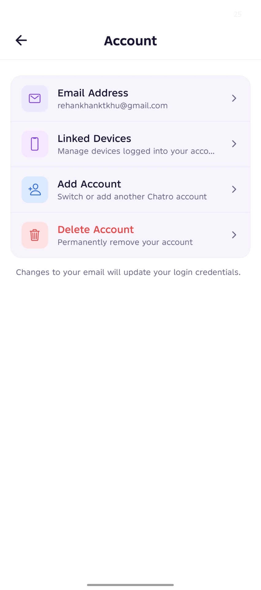 Chatro Account Settings screen