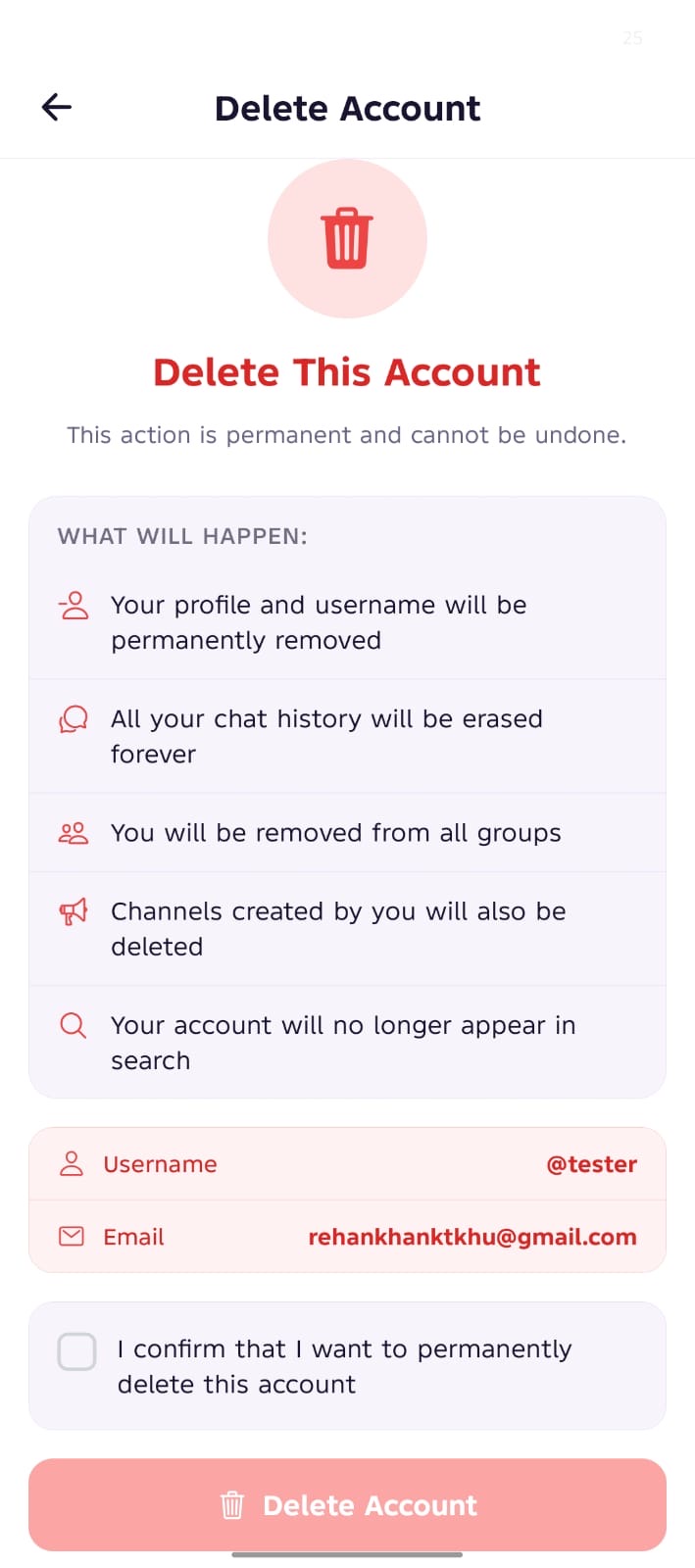 Chatro Delete Account confirmation screen