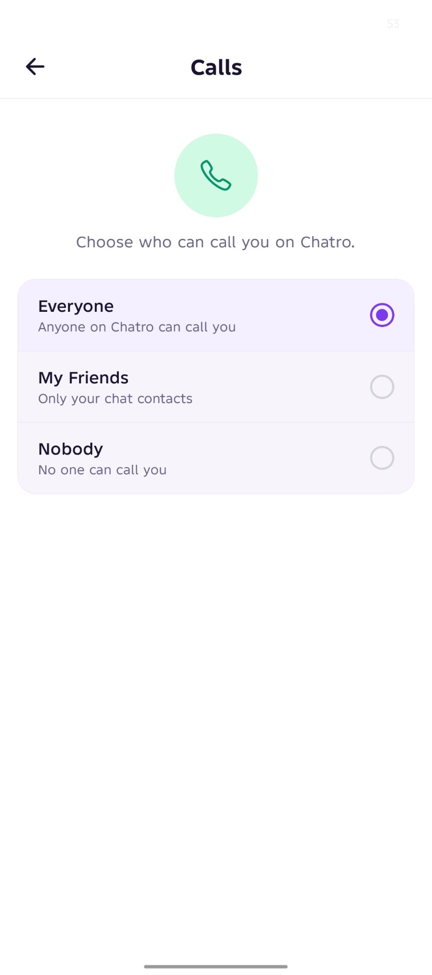 Calls privacy options on Chatro